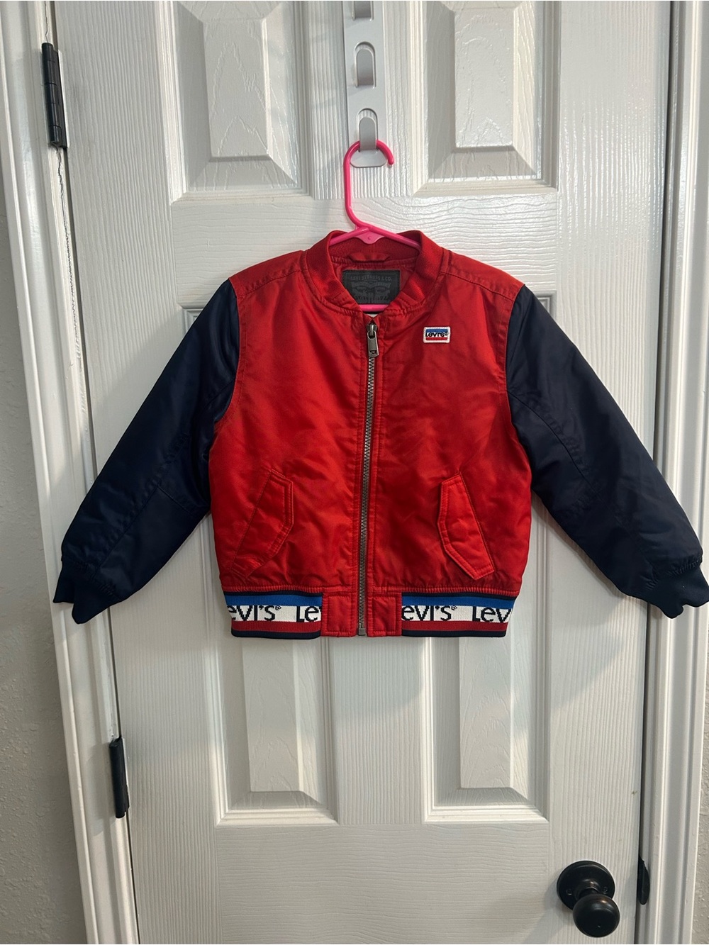 Levi's Toddler Bomber Jacket 3T Red Blue White Colorblock Full Zip Pockets